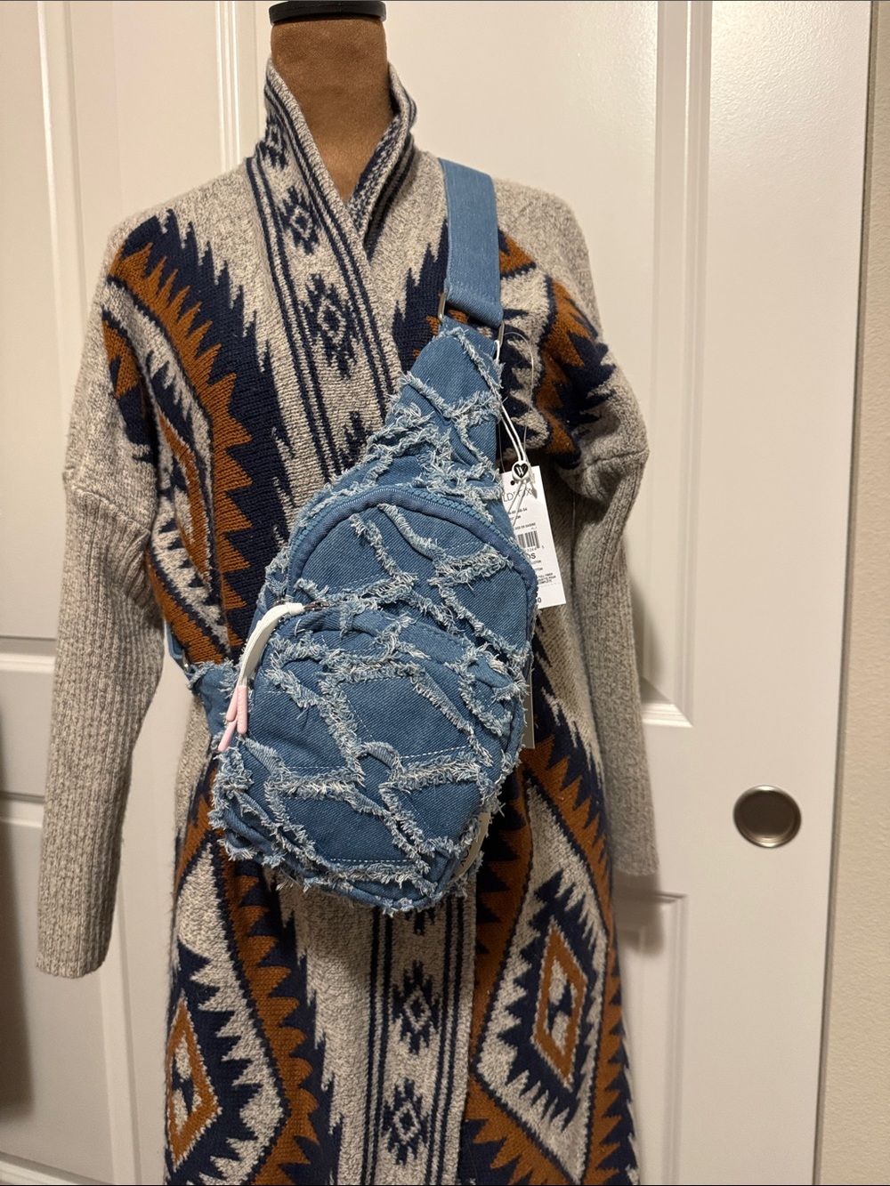 NWT! Wildfox Denim Frayed Crossbody Sling Bag - Blue
